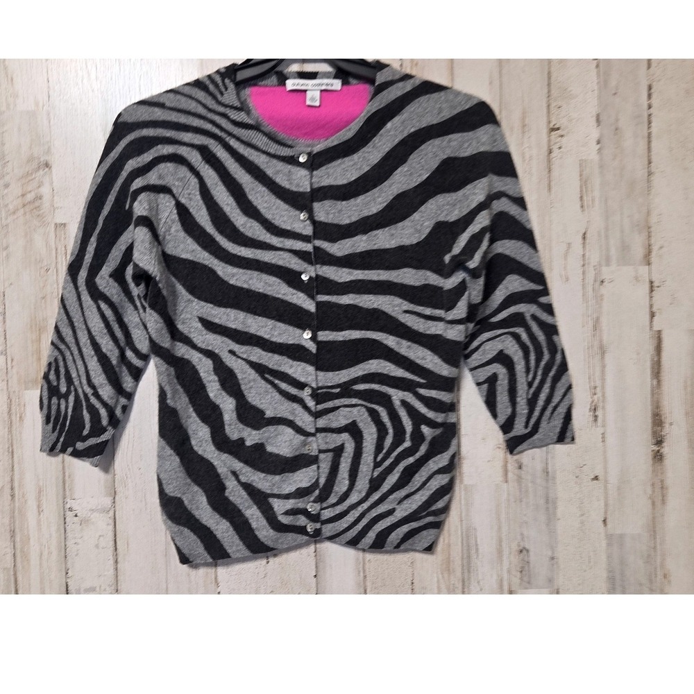 Autumn Cashmere size S Button Cardigan Sweater Zebra 100% 3/4 sleeve Slim